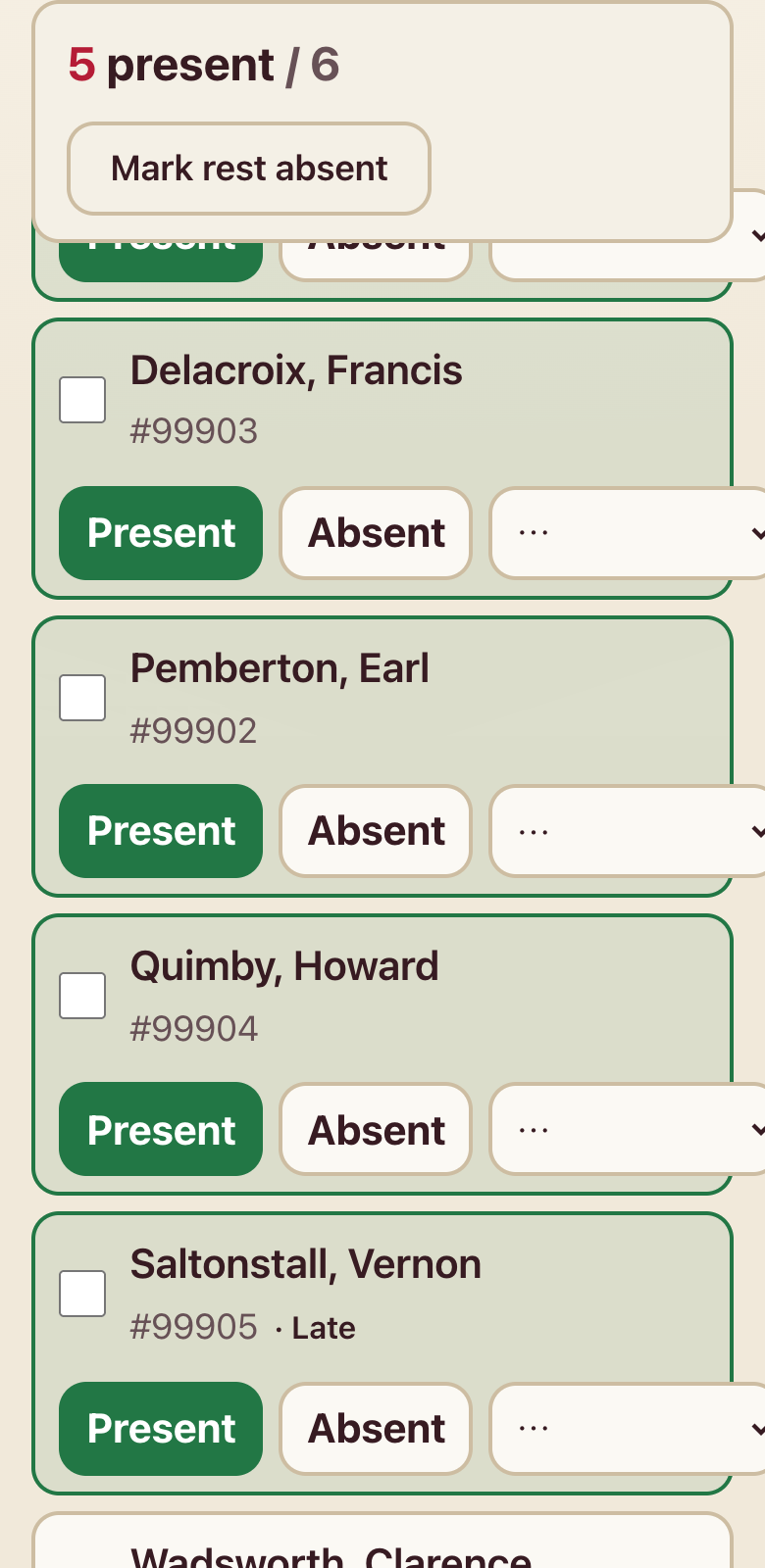App screenshot: One-tap check-in